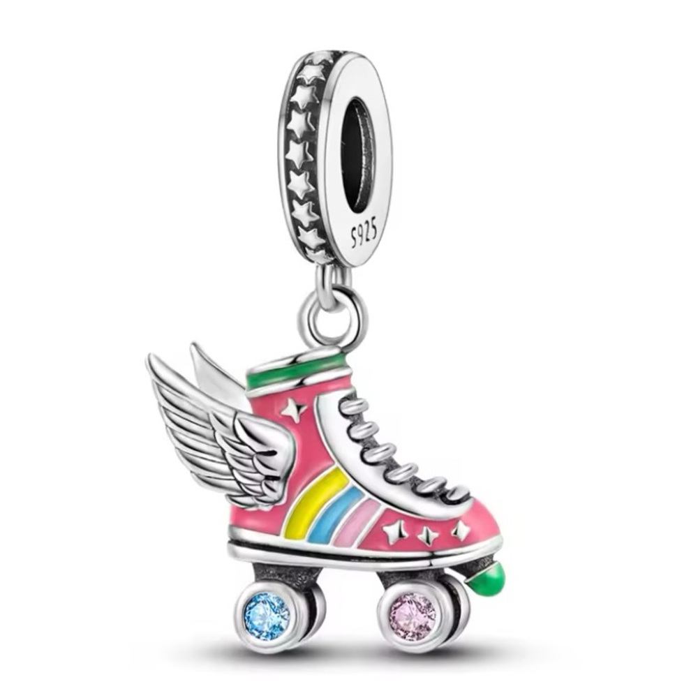 925 Sterling Silver Colorful Roller Skate Charm Pendant with Wings - Picture 4 of 14